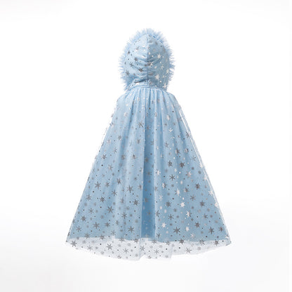 Girls Winter Princess Hooded Cape – Sparkly Snowflake Cloak Coat for Dress Up & Parties