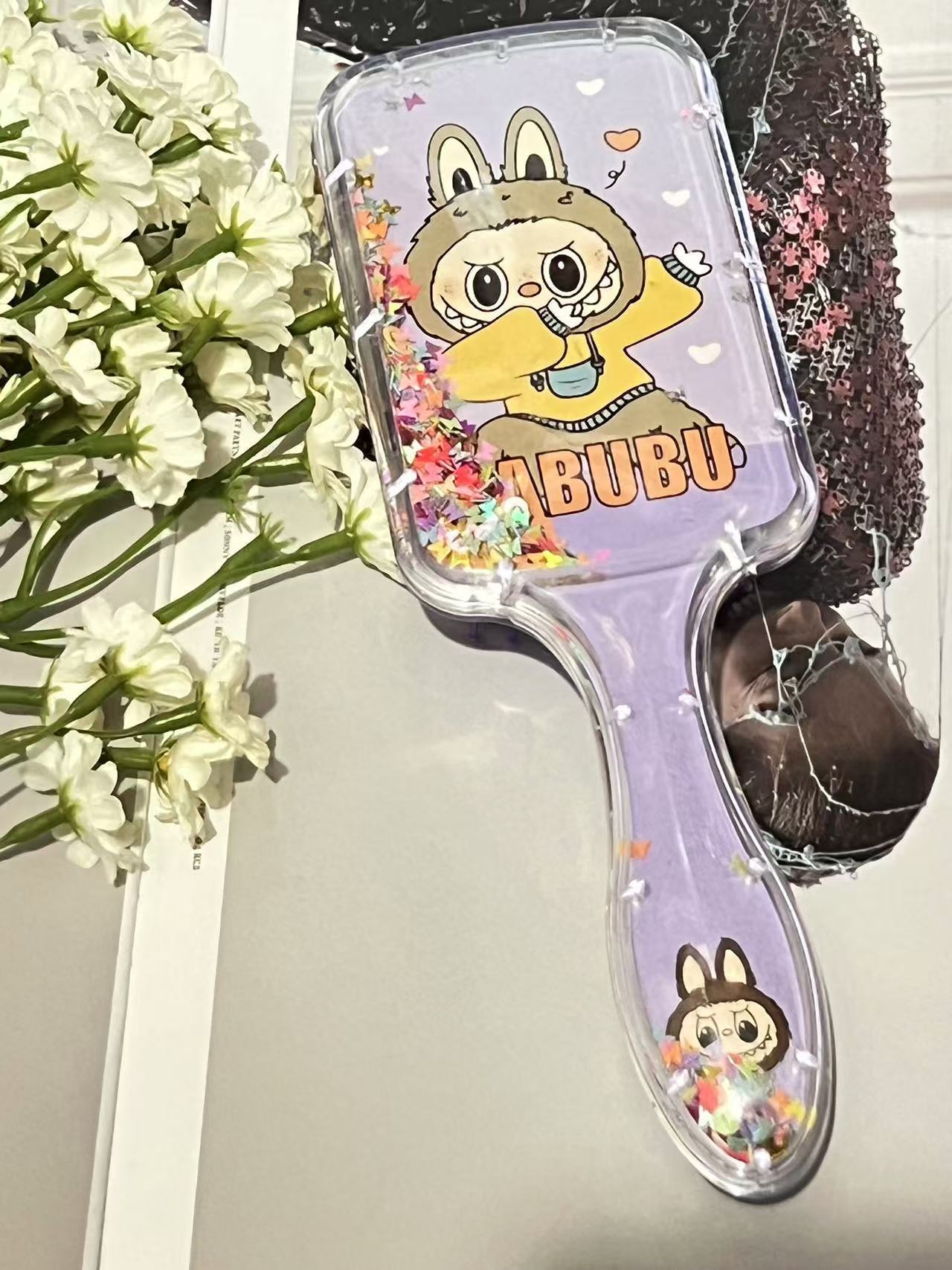 Labubu Cushion Hair Brush with Cartoon Print Glitter Liquid Sequins, Massage Airbag Comb