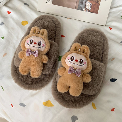 Kids Plush Slippers Fall/Winter New Labubu Stuffed Doll Tie-Dyed Unisex Cozy Non-Slip Slide Slippers