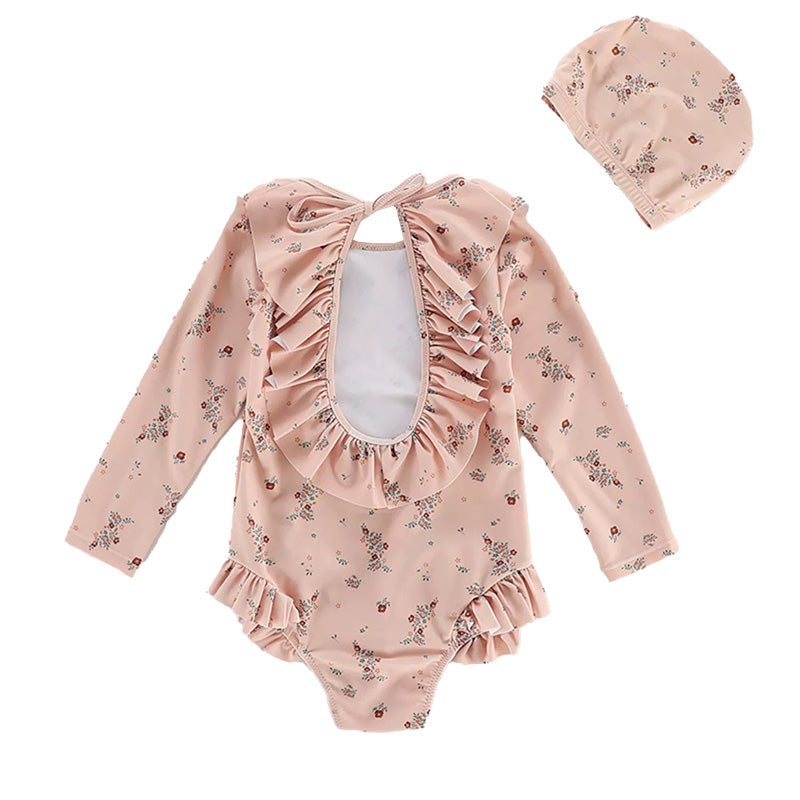 Girls' One-Piece Long Sleeve Swimsuit with Ruffled Hem