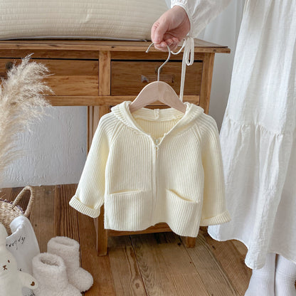 Girls’ Solid Color Hooded Knit Zip-Up Cardigan Fall Winter Warm Raglan Sweater Toddlers & Kids