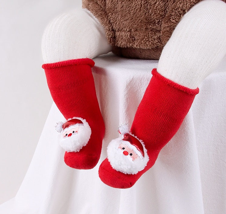 Newborn Baby Christmas Socks Red Combed Cotton Thick Fleece-Lined Non-Slip Floor Socks for Winter