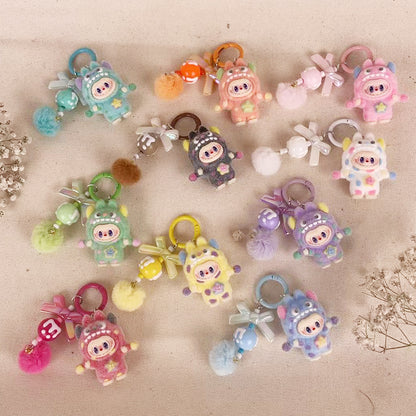 Flocked Labubu Key chain Pom-pom Backpack Charm Trendy Merchandise