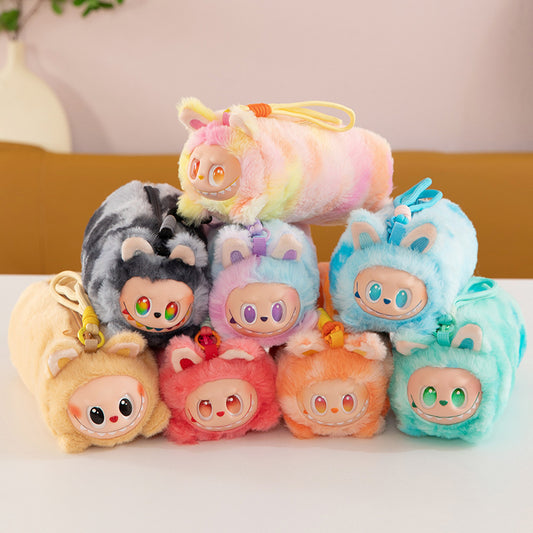 Labubu Plush Lanyard Pencil Case, Cute Tie-Dye Plush Storage Pouch for Kids and Students