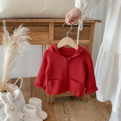 Girls’ Solid Color Hooded Knit Zip-Up Cardigan Fall Winter Warm Raglan Sweater Toddlers & Kids