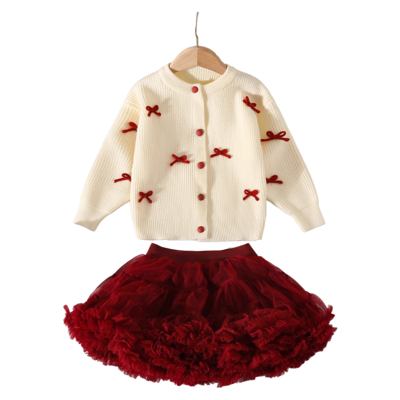 Girls Christmas Outfit Ivory Knit Cardigan with Red Bow & Buttons Red Tutu Skirt Set