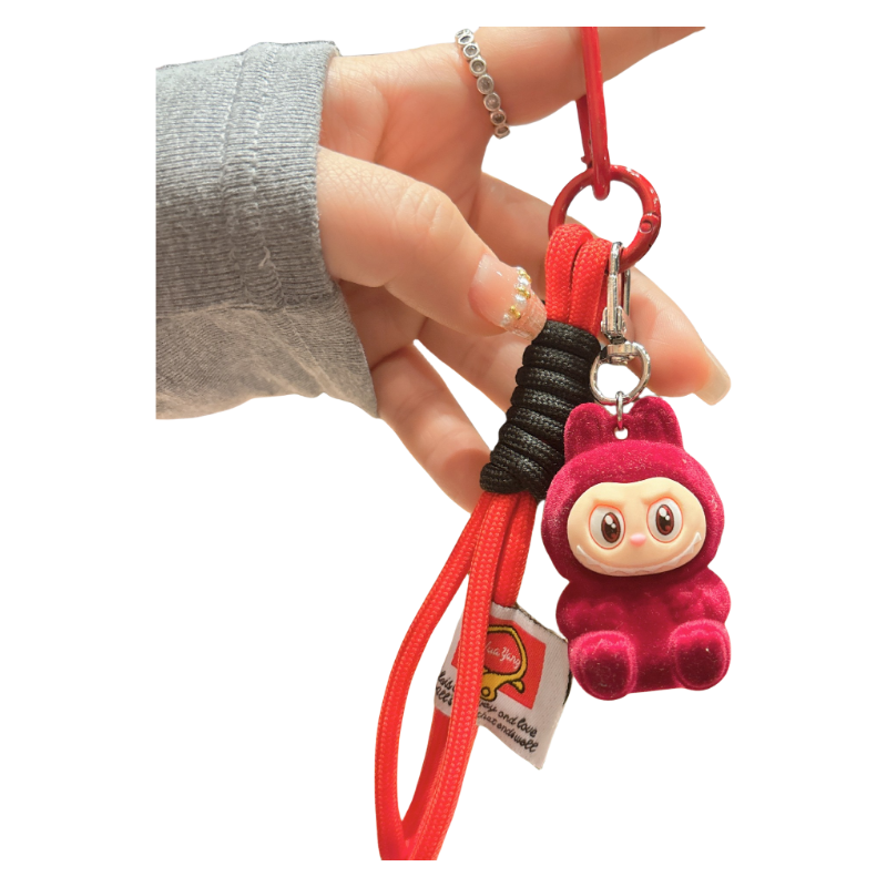 Flocked Labubu Resin Keychain with Cute Strap Plush Bag Charm Accessory