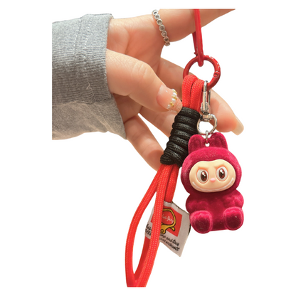 Flocked Labubu Resin Keychain with Cute Strap Plush Bag Charm Accessory