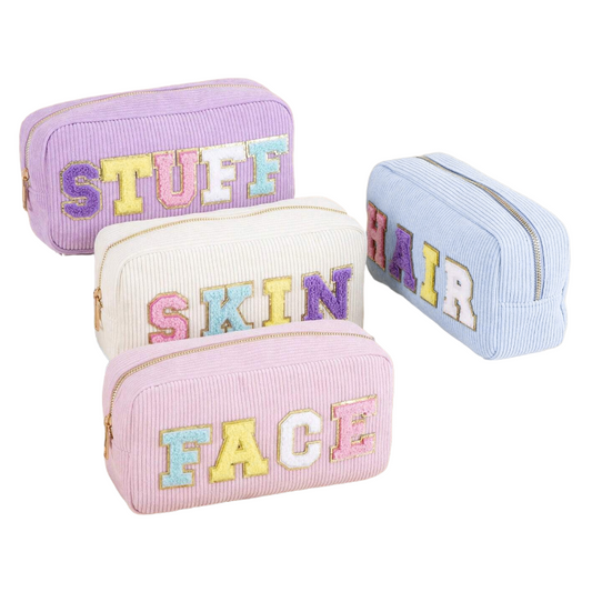 Corduroy Embroidered Makeup Bag with Letters, Portable Large Capacity Cosmetic & Toiletry Pouch