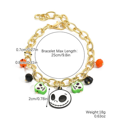 Pumpkin Skull Halloween Bracelets Stretchy Beaded Orange & Black Clay Charm Set