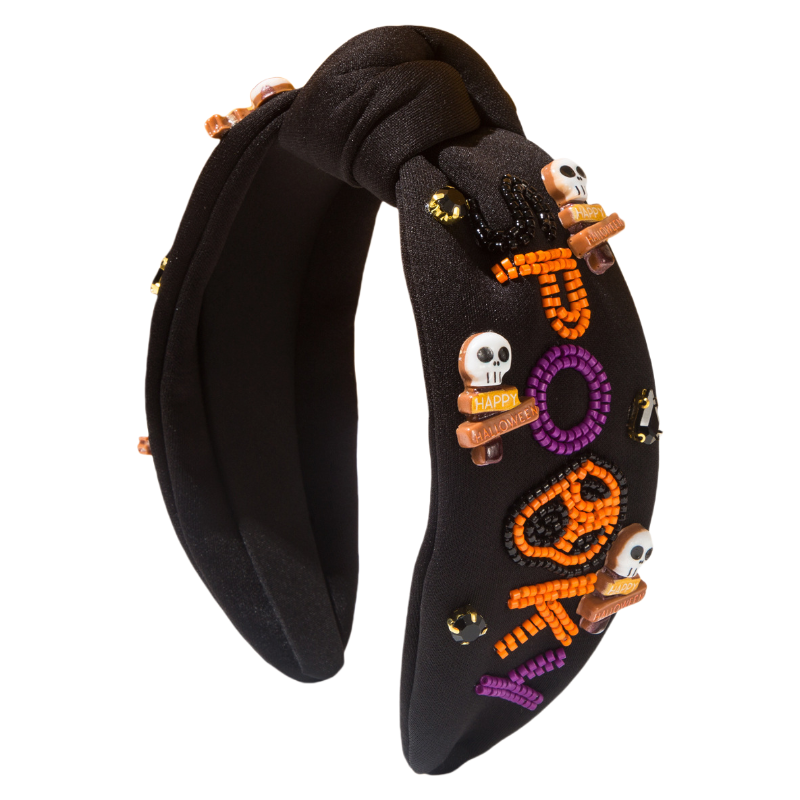 Halloween Fall Pumpkin Spooky Skull Headband Seed Beads Rhinestones Pearl Knot