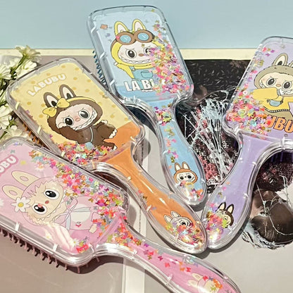 Labubu Cushion Hair Brush with Cartoon Print Glitter Liquid Sequins, Massage Airbag Comb