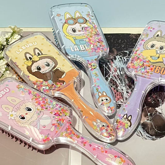 Labubu Cushion Hair Brush with Cartoon Print Glitter Liquid Sequins, Massage Airbag Comb