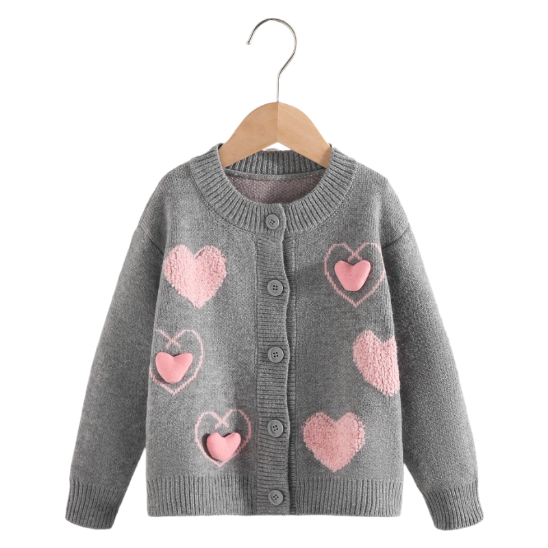 Girls Fall Winter Outfit Grey Knit Cardigan with Pink Heart-shape & Buttons Tutu Skirt Set