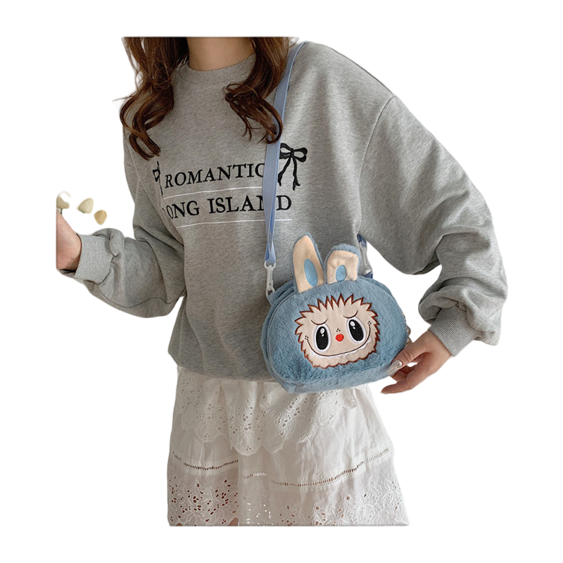 Kids Girls Labubu Soft Character Plush Crossbody Bag Faux Pearls Zipper Pull
