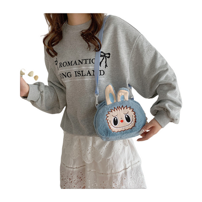 Kids Girls Labubu Soft Character Plush Crossbody Bag Faux Pearls Zipper Pull
