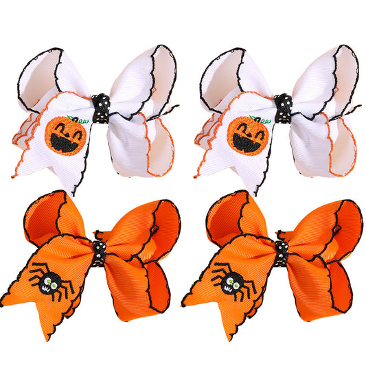 Halloween Embroidered Hair Bows Pumpkin & Spider Ribbon Clips with Scalloped Edges