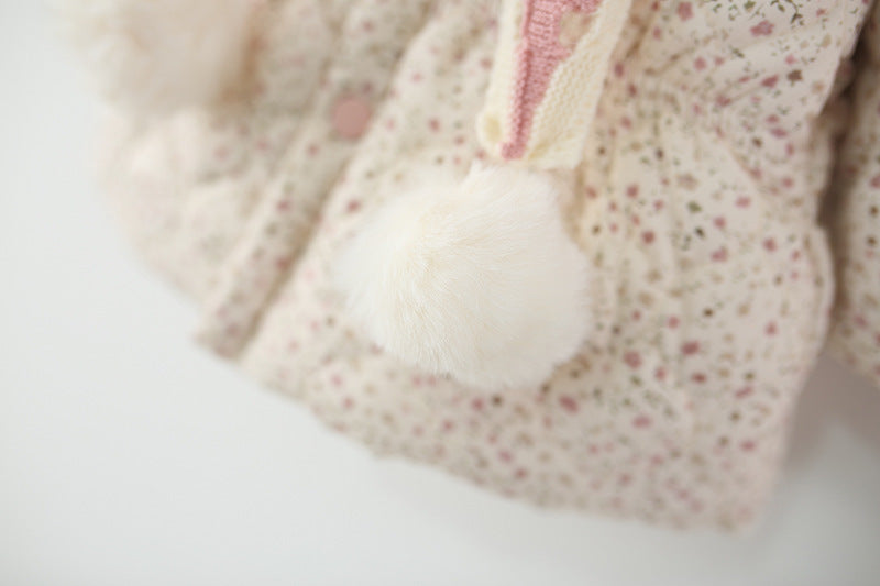 Baby Girls Winter Padded Coat Hooded Floral Jacket with Scarf Thick Warm Cotton Jacket