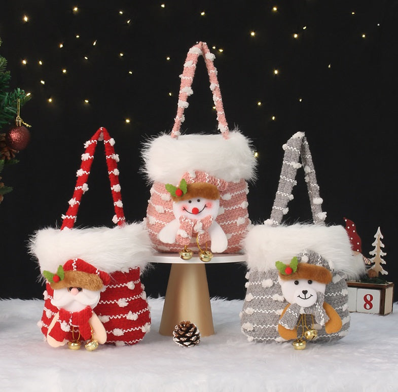 Christmas Plush Gift Bag with 3D Stuffed Toy Decoration, Candy Tote with Furry Trim