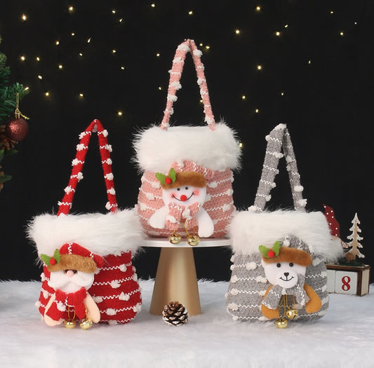 Christmas Plush Gift Bag with 3D Stuffed Toy Decoration, Candy Tote with Furry Trim