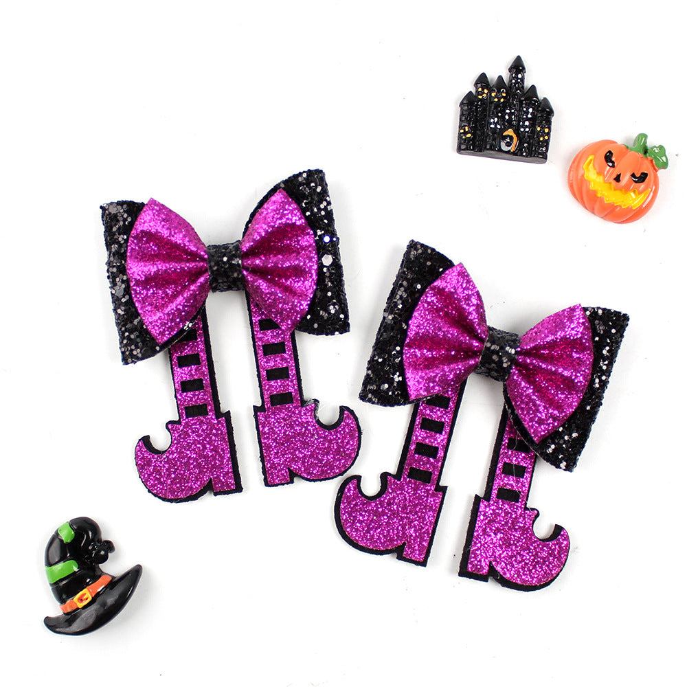 Halloween Glitter Shiny Boot-Shaped Hair Clip Sparkly Bow Hairpin for Kids