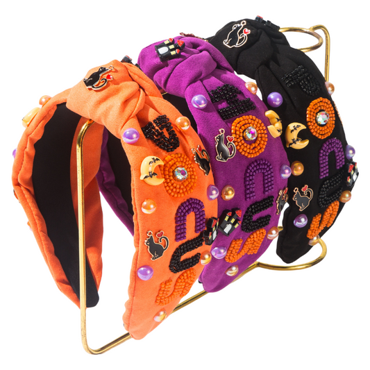 Halloween Fall Pumpkin Hocus Cat Headband Seed Beads Rhinestones Pearl Knot