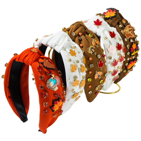 Thanksgiving Fall Maple Leaves Turkey Headband Seed Beads Rhinestones Pearl Knot