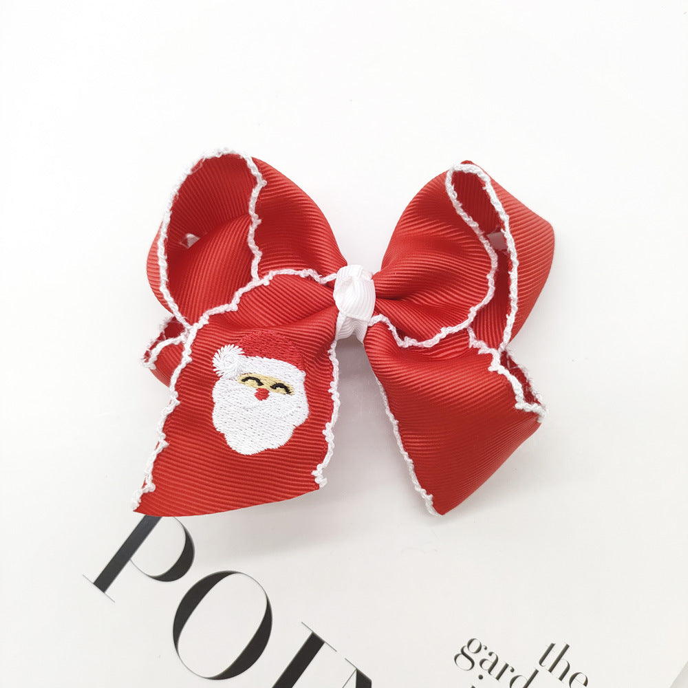 Christmas Santa Claus Candy Cane Embroidery Hair Clips Bow Hairpins Girls