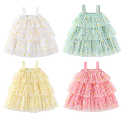Girls Strapless Floral Daisy Print Mesh Layered Cake Dress