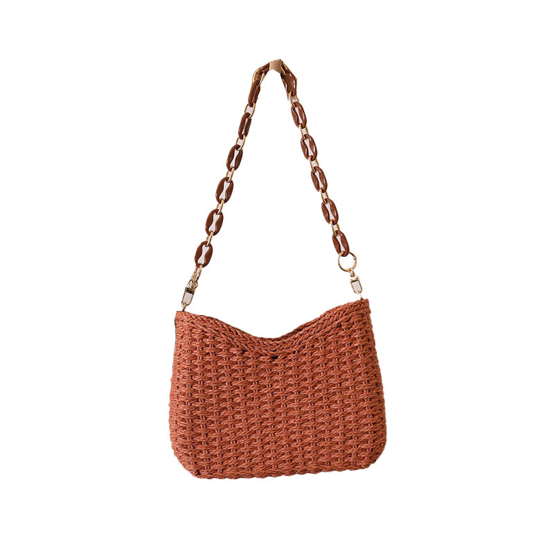 Boho Woven Shoulder Bag New Solid Color Straw Girls Women