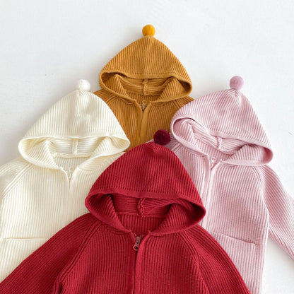 Girls’ Solid Color Hooded Knit Zip-Up Cardigan Fall Winter Warm Raglan Sweater Toddlers & Kids