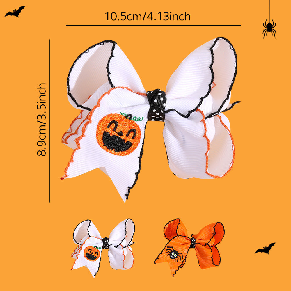 Halloween Embroidered Hair Bows Pumpkin & Spider Ribbon Clips with Scalloped Edges