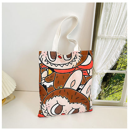Labubu Large Canvas Tote Bag Halloween Pumpkin Print & Fall/Winter Cartoon Print Spacious Shoulder Handbag