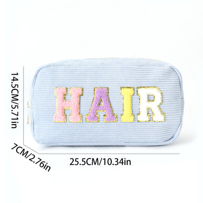 Corduroy Embroidered Makeup Bag with Letters, Portable Large Capacity Cosmetic & Toiletry Pouch