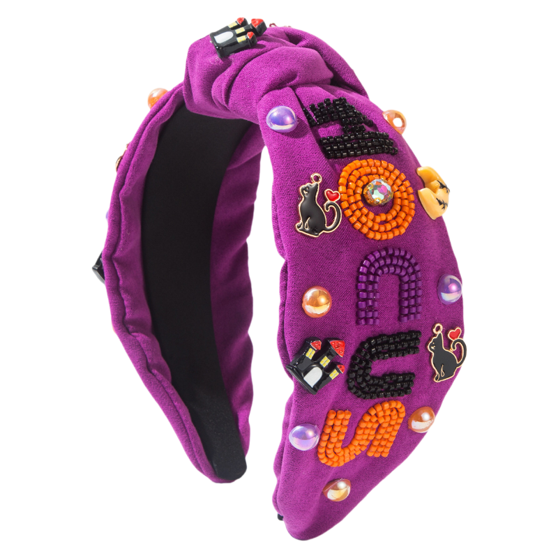 Halloween Fall Pumpkin Hocus Cat Headband Seed Beads Rhinestones Pearl Knot