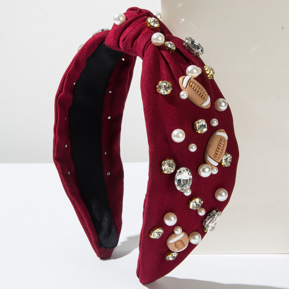 Thanksgiving Fall Autumn American Football Headband Seed Beads Rhinestones Pearl Knot