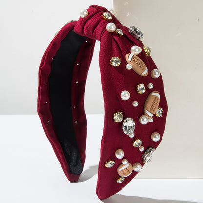 Thanksgiving Fall Autumn American Football Headband Seed Beads Rhinestones Pearl Knot