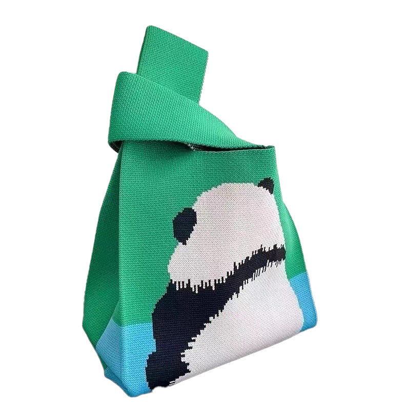 Ladies Girls Knit Bucket Bag Panda Bow Print Designs