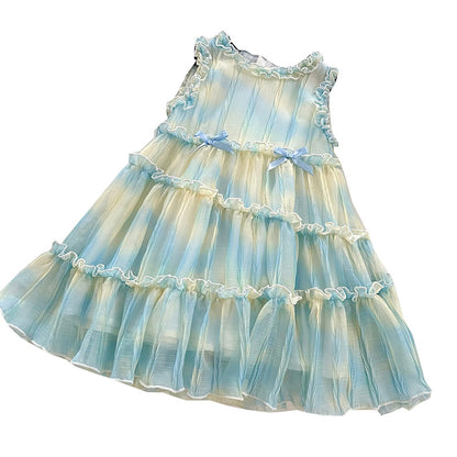 Girls Sleeveless Tie-Dye Bow Mesh Layered Ruffles Dress