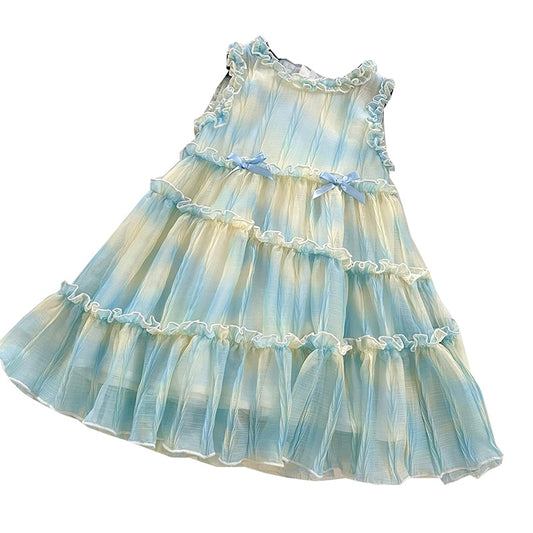 Girls Sleeveless Tie-Dye Bow Mesh Layered Ruffles Dress
