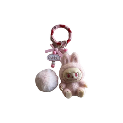 Labubu Sitting Pose Flocked Keychain Plush Bag & Car Keyring Decor Silicone Gift