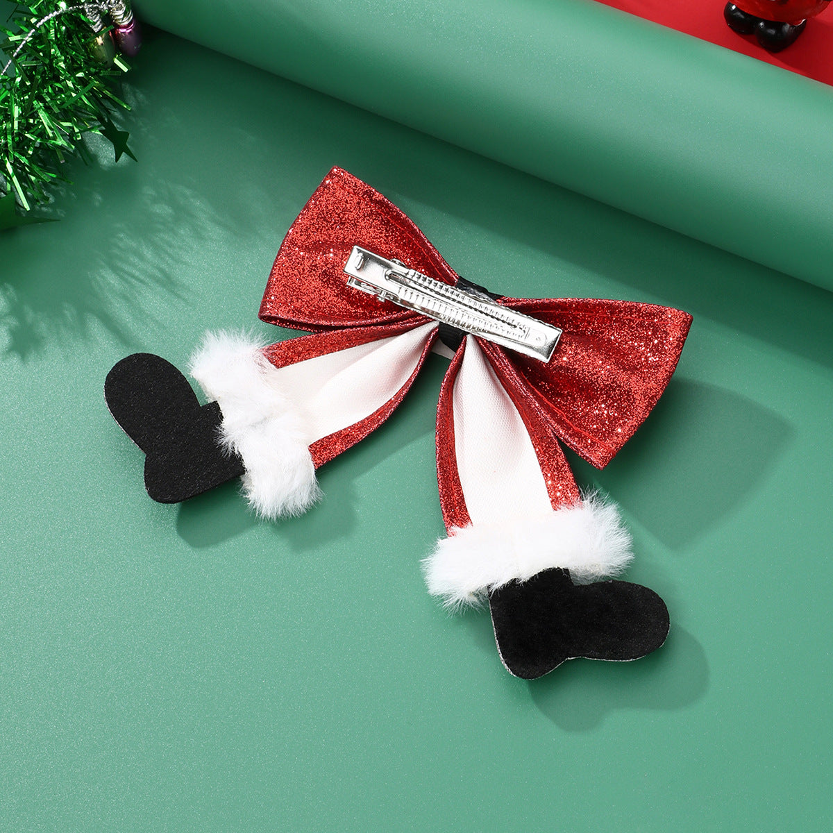 Christmas Glitter Bow Hair Clip with Santa Belt and Furry Trim Holiday Hair Accessory