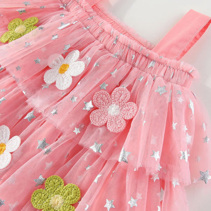 Girls Tulle Dress with 3D Flowers Layered Simple 3 Colors