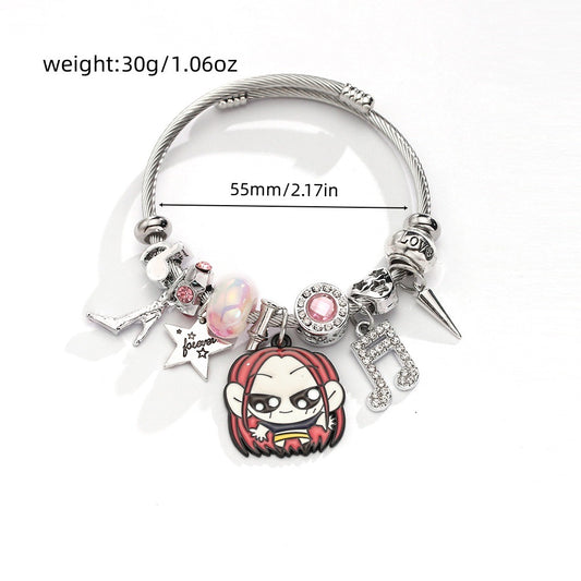 K-POP Demon Hunters Bracelet Cartoon Charm Bangle with Rhinestone Pendant Adjustable Zinc Alloy Plated Cuff