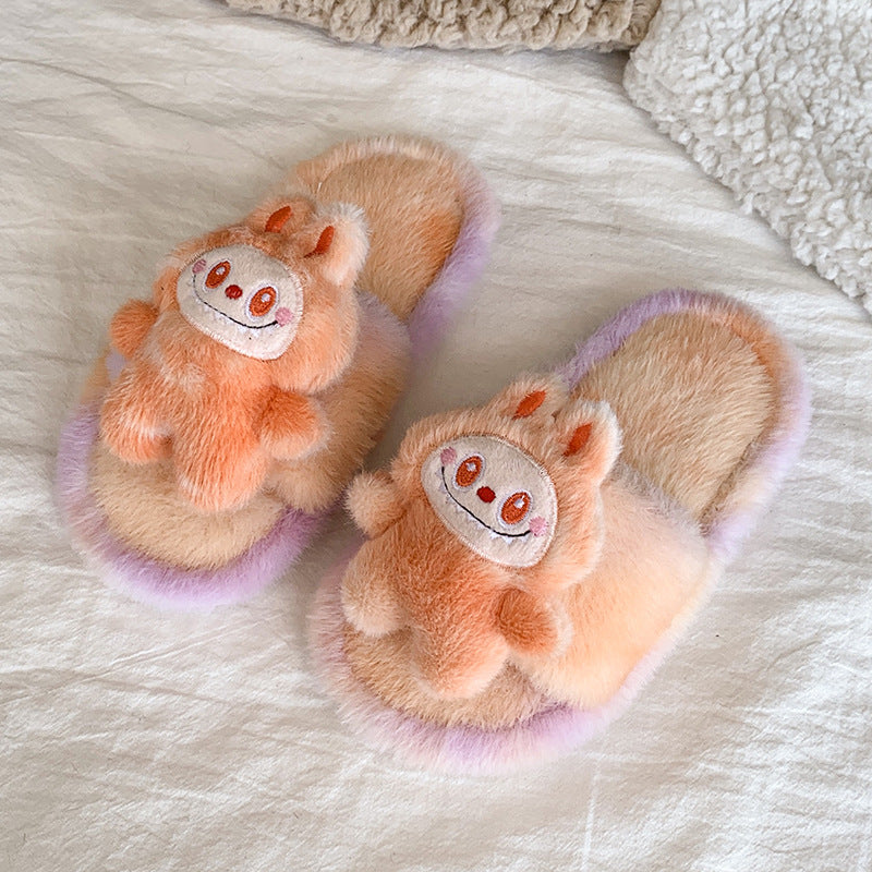 Kids Plush Slippers Fall/Winter New Labubu Stuffed Doll Tie-Dyed Unisex Cozy Non-Slip Slide Slippers