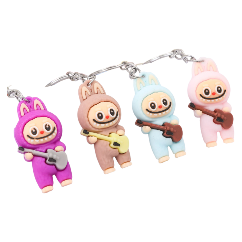 Labubu Guitar Rocking Horse Keychain Cute Silicone Cartoon Bag Charm Pendant