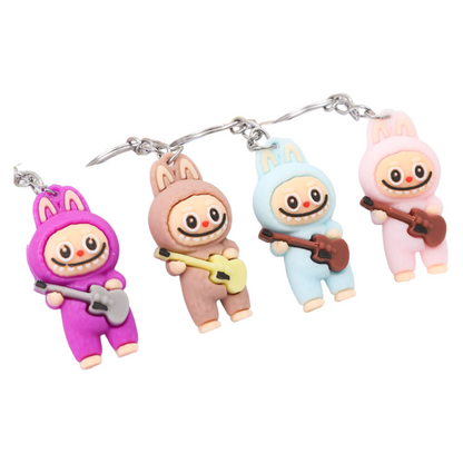 Labubu Guitar Rocking Horse Keychain Cute Silicone Cartoon Bag Charm Pendant