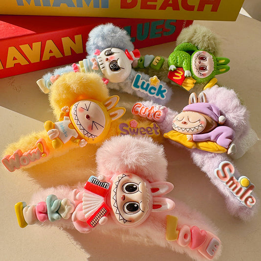 Fall/Winter New Labubu Resin Hair Claw Clip – Plush Cartoon Shark Clip for Styling & Updos