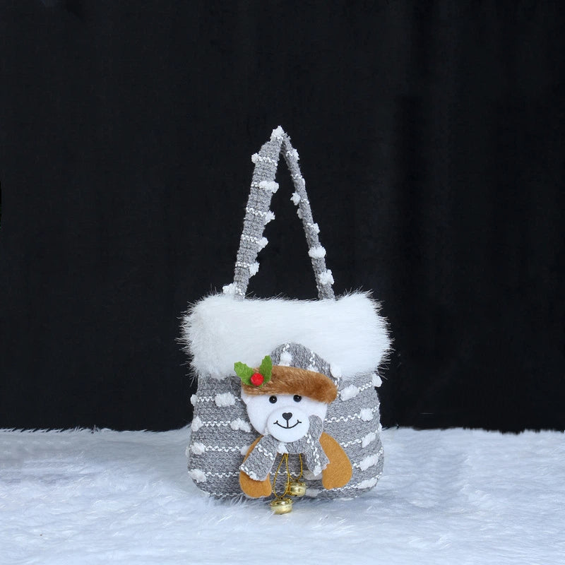 Christmas Plush Gift Bag with 3D Stuffed Toy Decoration, Candy Tote with Furry Trim