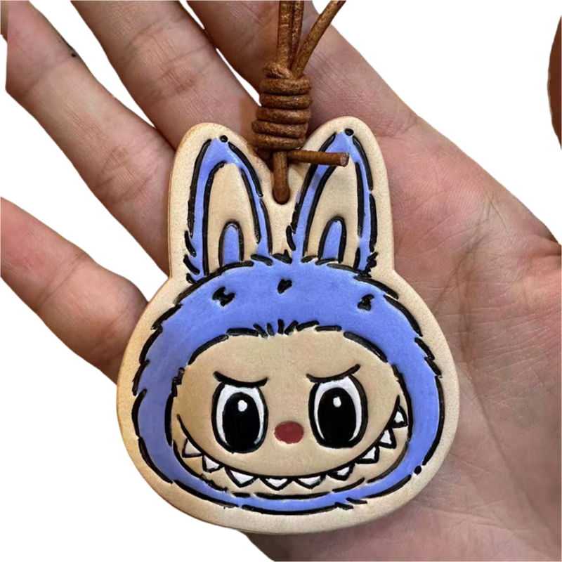 Handmade Leather Cartoon Bag Charm Cute Labubu Keychain Pendant